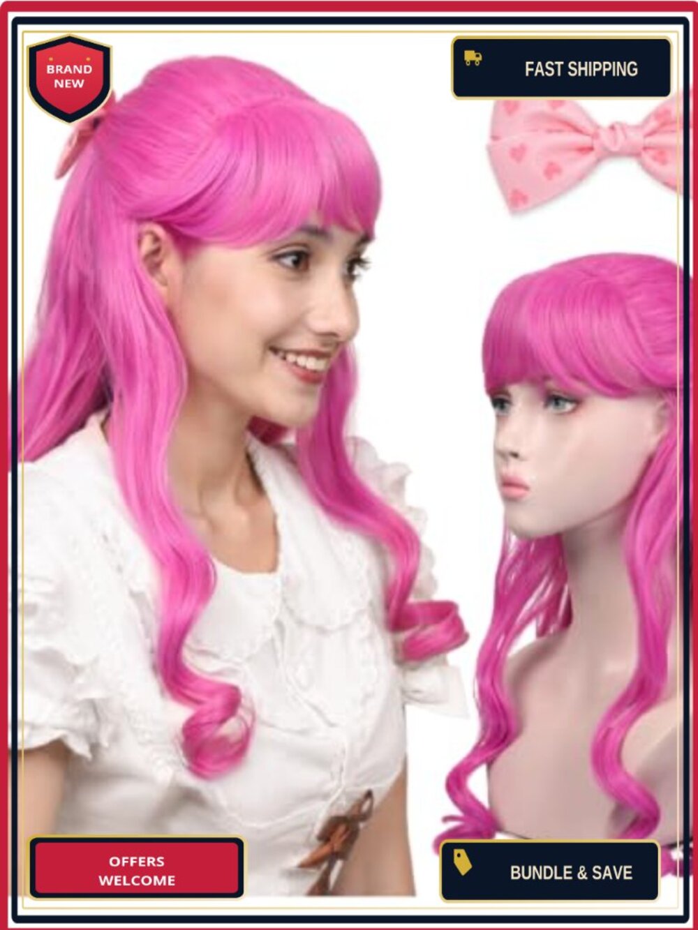 Long Pink Cosplay Wig with Bow Hair Clip Heat Resistant Synthetic